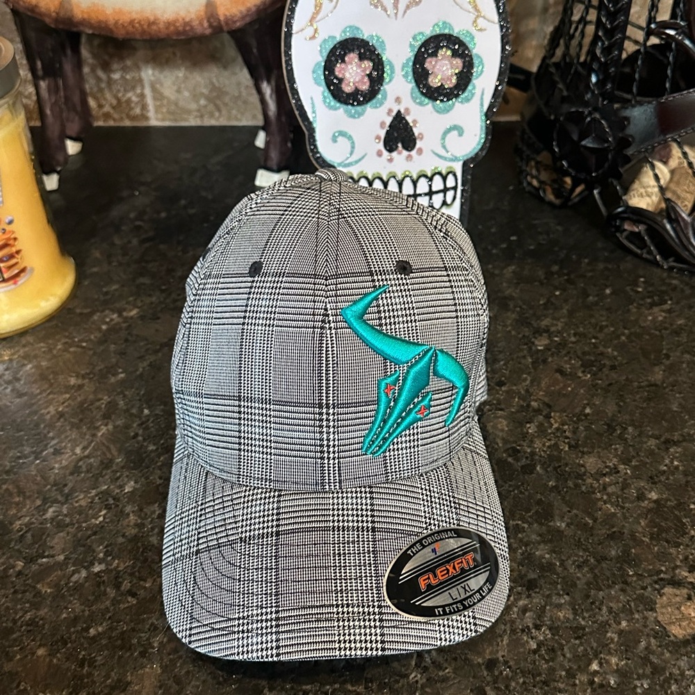 Plaid Go Left Apparel Fitted Cap with Teal Shark Logo - Men’s Hat